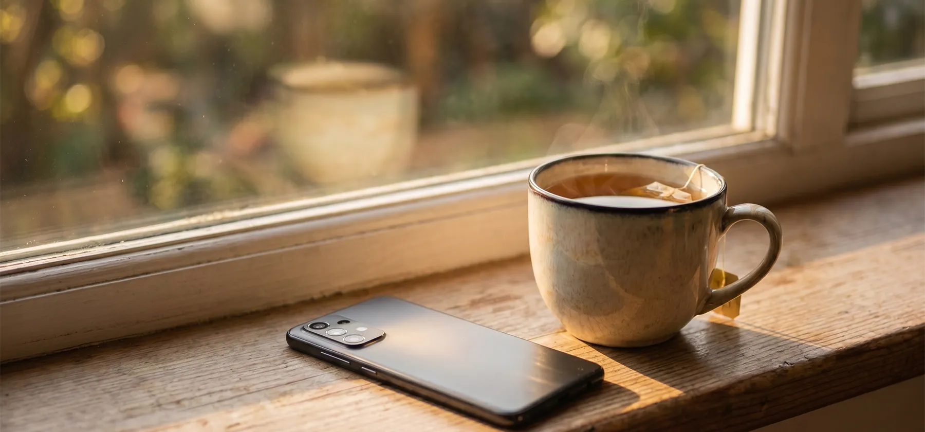 A phone lying face down on a sunlit windowsill beside a steaming cup of tea