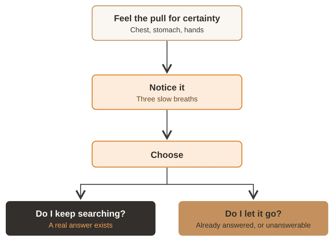Flowchart. Feel the pull for certainty, usually in the chest, stomach or hands. Notice it with three slow breaths. Then choose between two paths: keep searching, if a real answer exists, or let it go, if the question is already answered or cannot be answered.