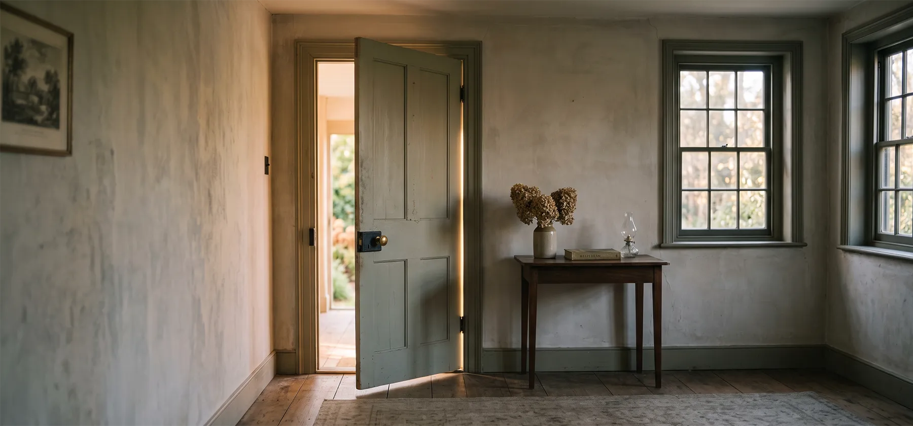 A softly lit door, slightly ajar, with warm light spilling through the gap