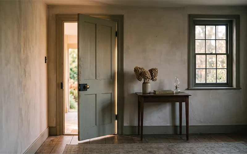 A softly lit door, slightly ajar, with warm light spilling through the gap
